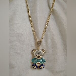 Gold Teddy Pendant Necklace with Blue & Teal Accents